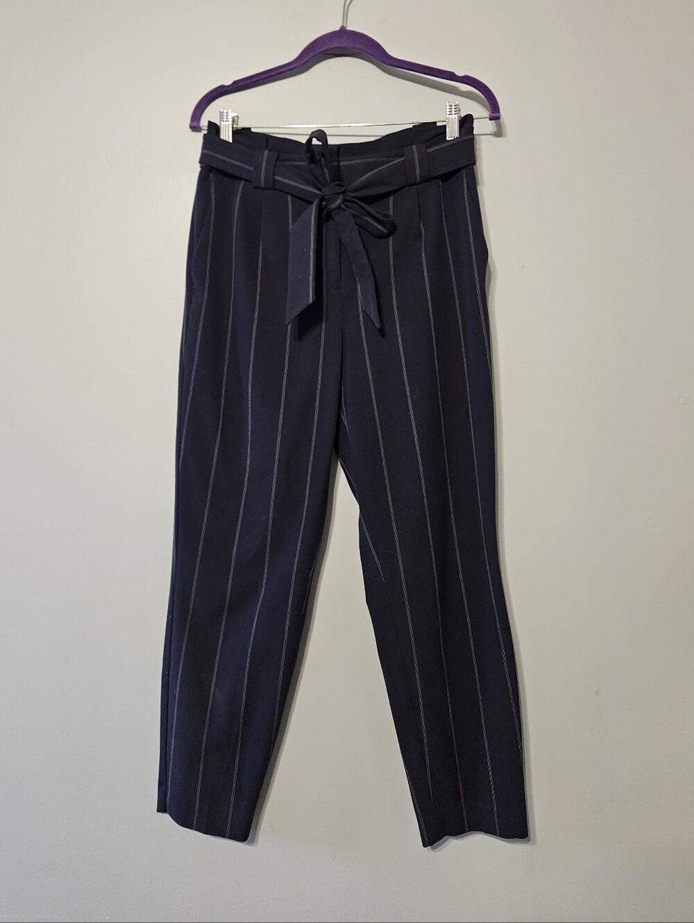 Express Navy Pinstripe Paperbag Waist Trousers with Tie